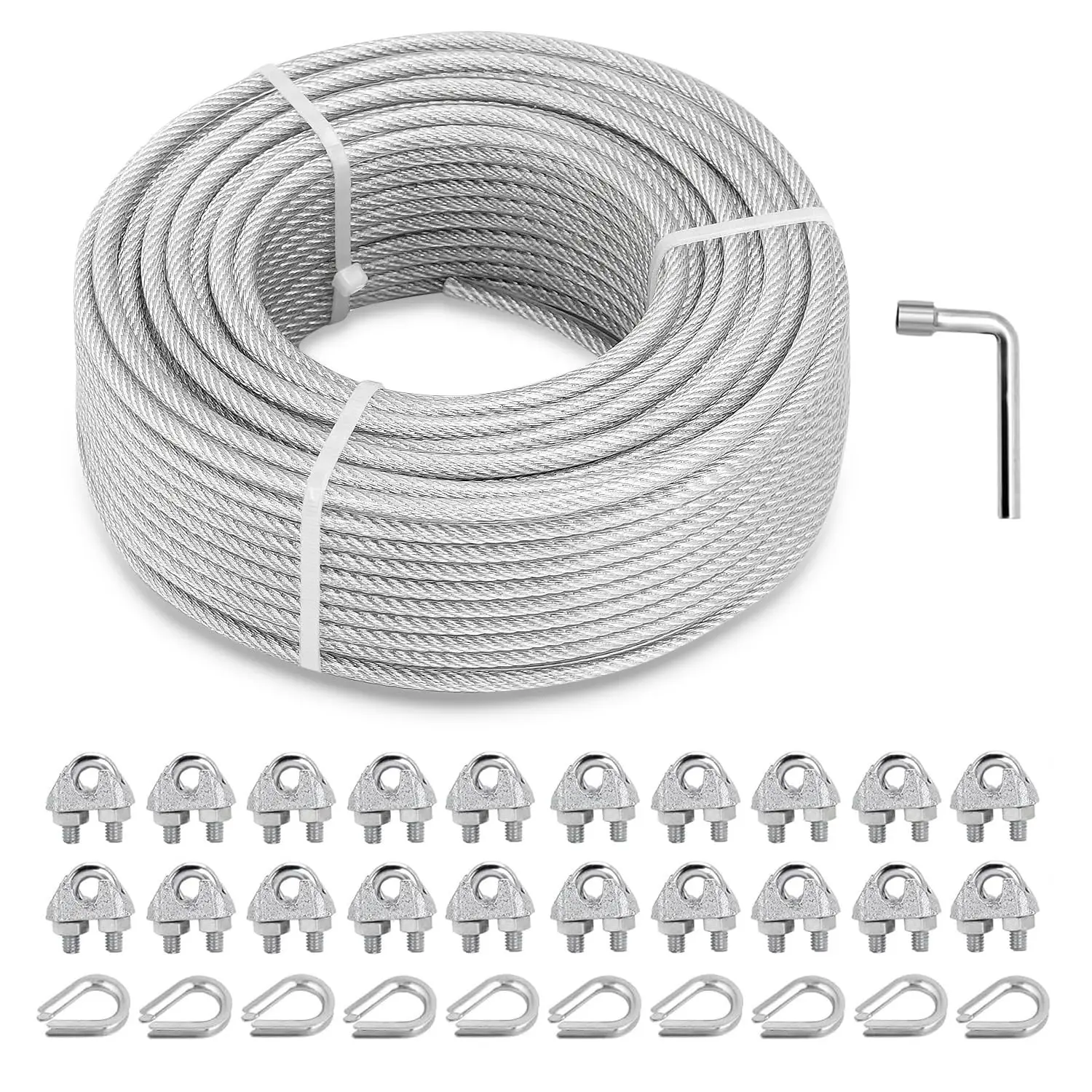 3/16" Wire Rope Clips Kit, 100Ft PVC Coated Galvanized Steel Cable Wires w/ 7×7 Strand Core & Rope Clamps Thimbles for String Light Hanging Kit/Deck Stair Railings/Shade Sails/Clothes Line