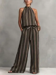 Fashionable Striped Two-Piece Set Top and Bottom, Summer Outfits Set, Stand Collar Design, Stylish for Daily Wear, Trendy Clothing Ensemble Outfit, Perfect for Casual Occasions Womenswear Lady