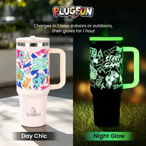 Ship From USA Plugfun 40oz Stainless Steel Thermos Cup Stay Hot or Cold All Day, Perfect For Car, Gaming & Outdoor Camping, Large Capacity, Trendy Design, Glow-in-The-Dark, E-Sports Gaming, Insulated Tumbler With Handle.GraduationGift, Father'sDayGift