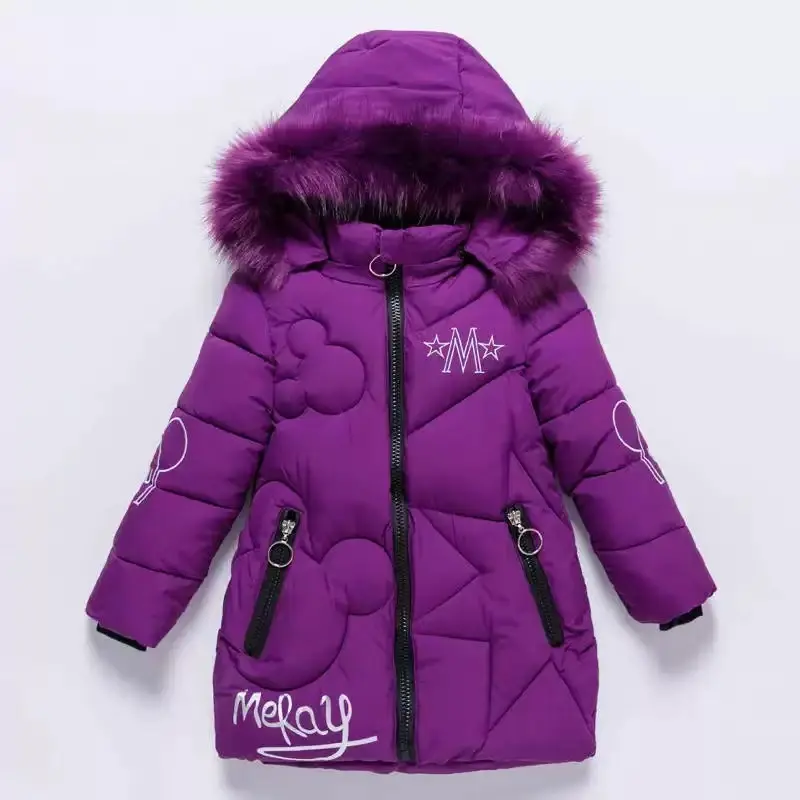 Girls' Solid Color Hooded Winter Outerwear Coat - Mid-Length Polyester, Thick Warm Long Sleeves, Cartoon Detail, for 11-12Y Kids, Hooded Coat, Outerwear Coats