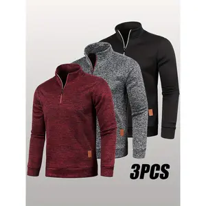 3-Pack Men'S Fleece-Lined Half-Zip Sweatshirts, Casual Solid Color Pullovers with Stand Collar, Long Sleeve, Polyester 100%, Slight Stretch, Knit Fabric, 210g/m², for Fall/Winter, Hiking & Outdoor, Regular Fit