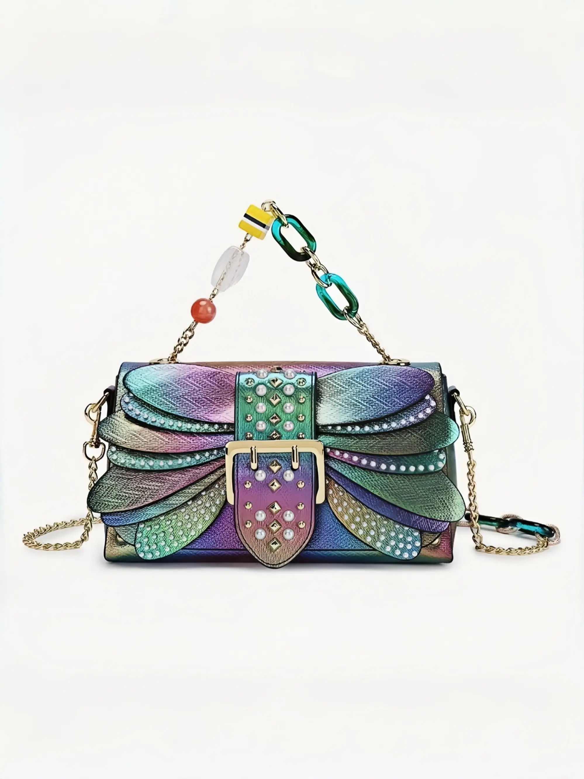 Multicolor Pearl Embellished Wing Shaped Crossbody Bag, Chic Crossbody Bag, with Metallic Rivets Gradient Ombre Design Evening Clutch for Women Butterfly Inspired Shoulder Bag Chain Strap, Fashionable Patterned Bag, Fashion Crossbody Handbag