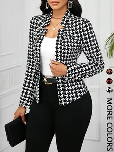 Women's Fall & Winter Houndstooth Plaid Print Jacket Coats, Casual Fitted Sporty Open Front Design Chic Elegant Style Outerwear, Medium-Weight Fabric, Ladies Fashion Apparel