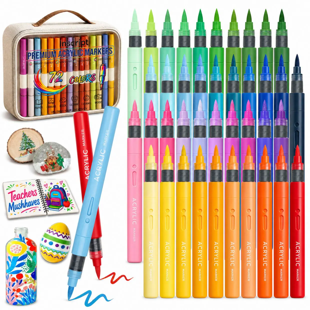 72-Color Premium Soft-Tip Acrylic Paint Markers Colorful Pack, Quick-Dry Waterproof Non-Toxic Art Pens with Portable Storage Bag for Fine Detail, Rock Painting, Canvas Projects, Back to School Office Stationery