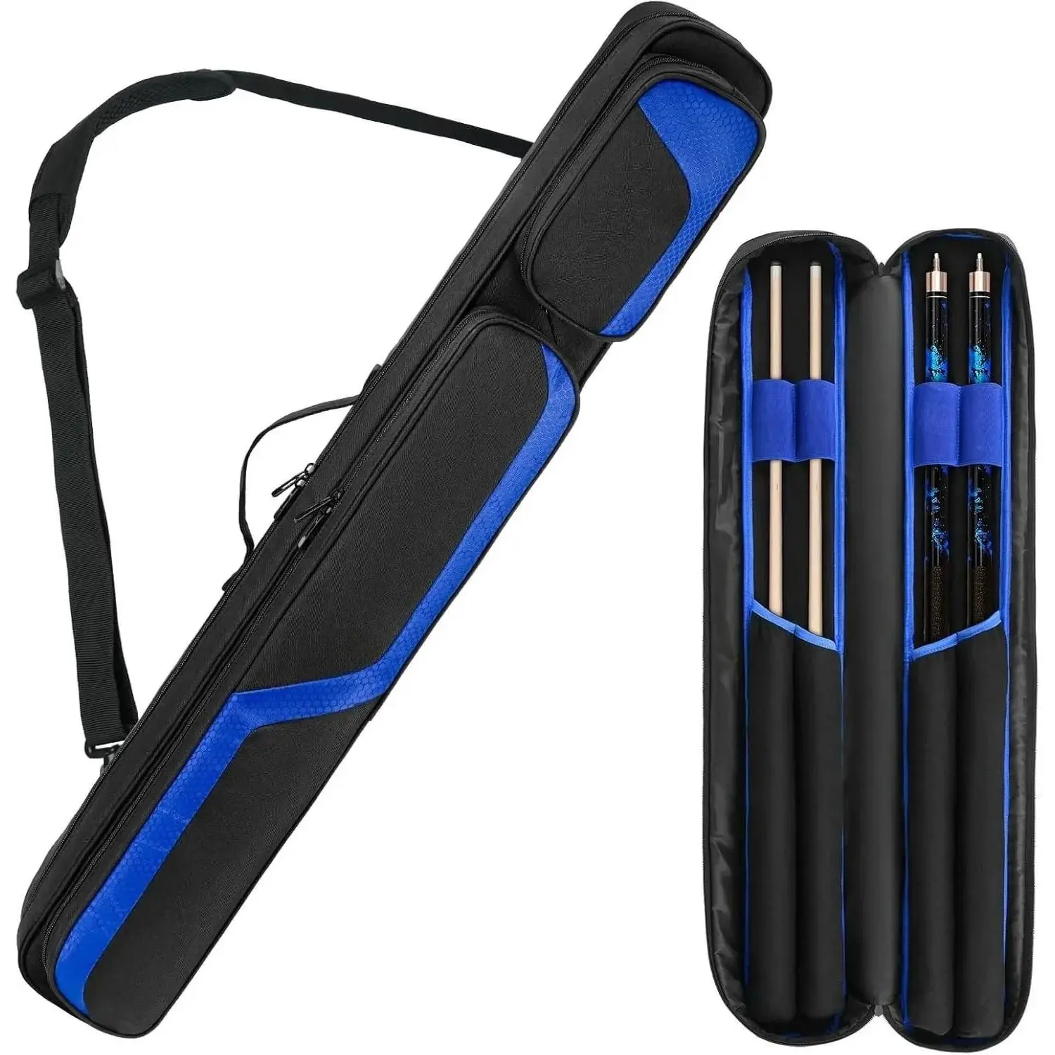 Compact 2x2 Pool Cue Case, Water-Resistant Billiard Bag with Padded Cue Storage, Functional Pockets, and a Detachable Shoulder Strap, Small, Pool Enthusiasts, Cue Transport