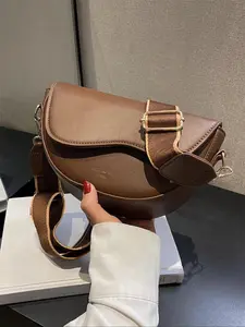 Women's Retro Solid Color Saddle Bag, Wide Shoulder Strap Messenger Bag, Fashionable Classic Popular Crossbody Shoulder Bag, Suitable for Daily Outing, PU Leather Bag