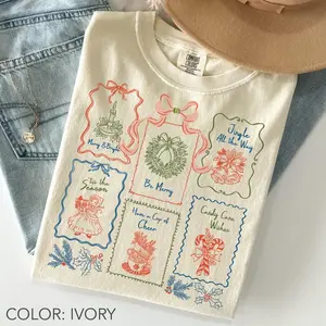 Comfort Colors Christmas Postage Stamp TShirt, Coquette Christmas Bow T-Shirt, Holiday Graphic Tee, Wreath Candle Candy Cane Top, Festive Gift