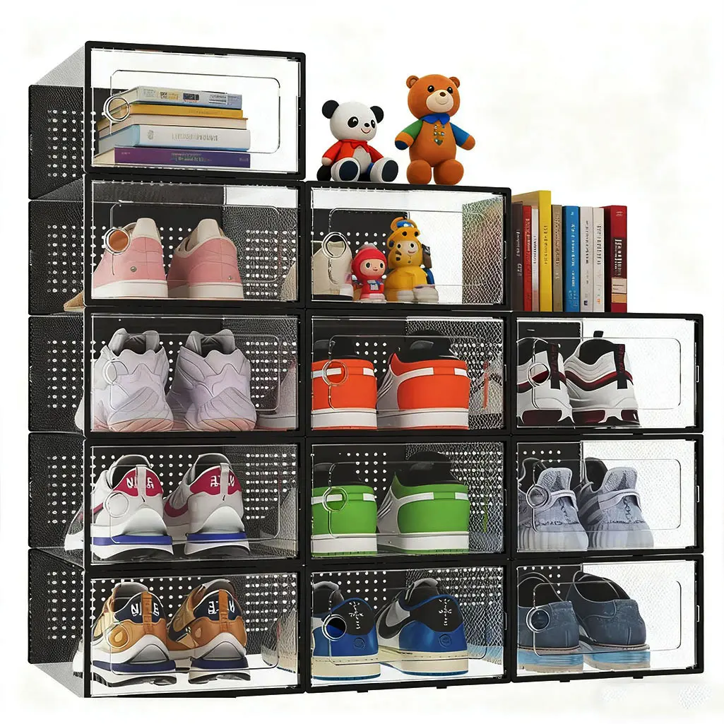 12 Pack sneaker holder container box， Stackable Shoe Storage Boxes Organizers ，for Toy Storage Bins Entryway Closet Under Bed Black  shoe rack Room shoe rack organizer hat organizer shoe rack zapatero organizador zapatero organizador