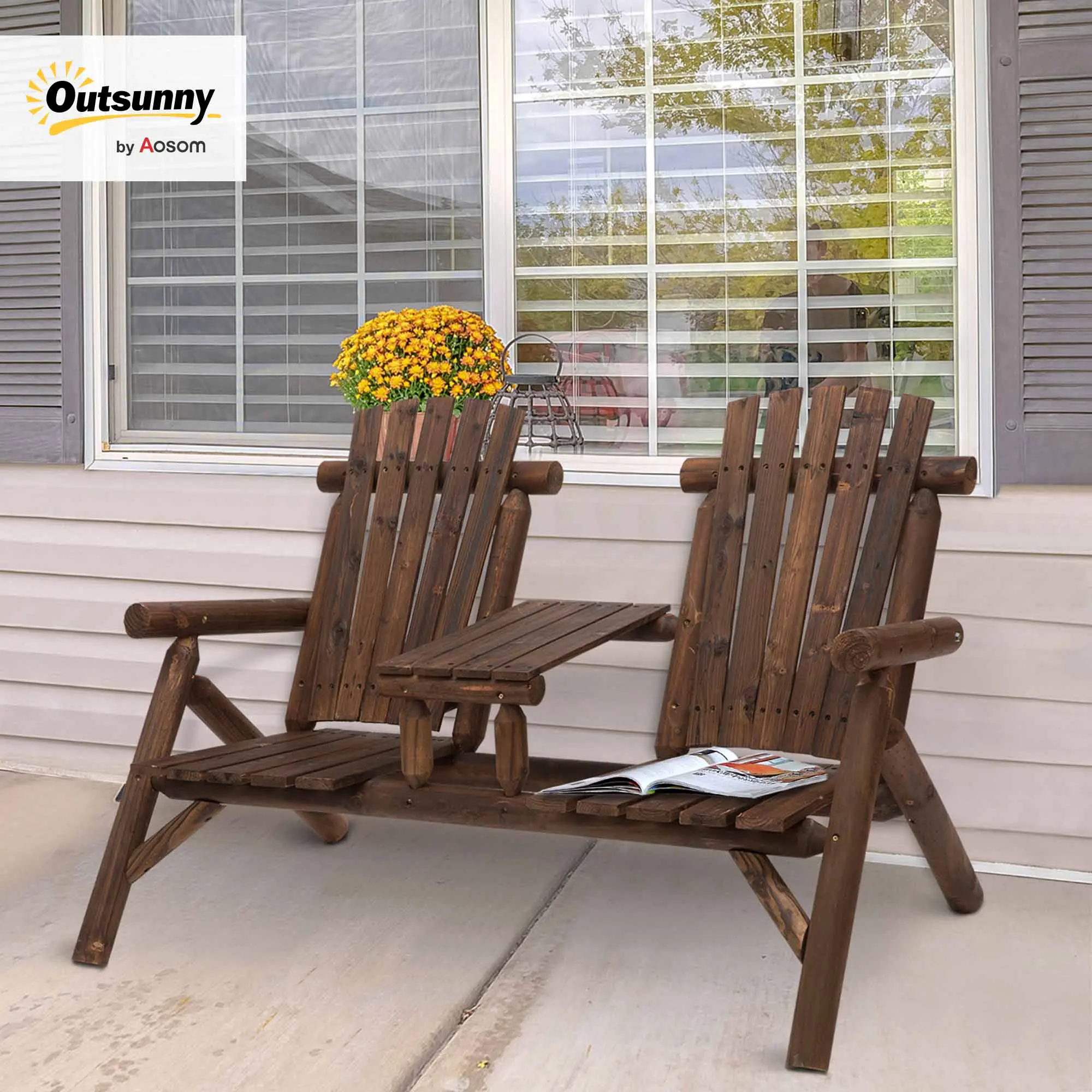 #Summervibes Outsunny 2-Person Wooden Garden Bench, Outdoor Wagon Wheel Porch Bench for Backyard Garden, Rustic Country Style Patio Furniture