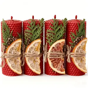4 Pcs Hand-Rolled Beeswax Pillar Candles, 3.5x10cm, Pure Natural Honeycomb Candles with Dried Orange & Pine, Red/Yellow/White Assorted, Unscented，Unscented Red Beeswax Candles for Christmas Decor, Holiday Gifts & Home Ambiance