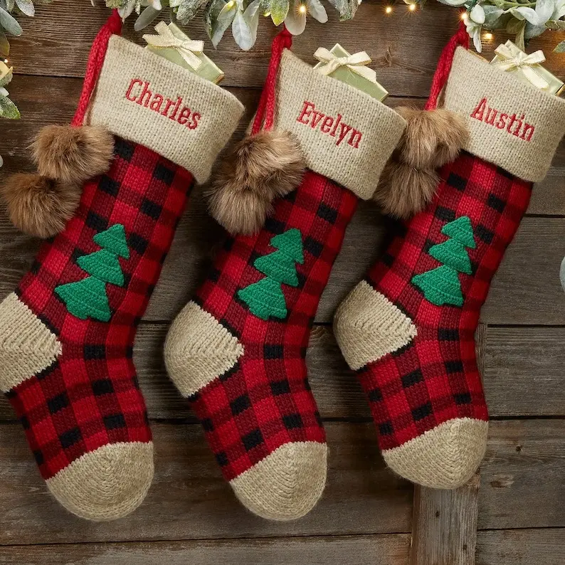 Personalized Buffalo Plaid Jumbo Knit Christmas Stockings, Custom Christmas Stocking, Personalized Holiday Stocking, Christmas Gift