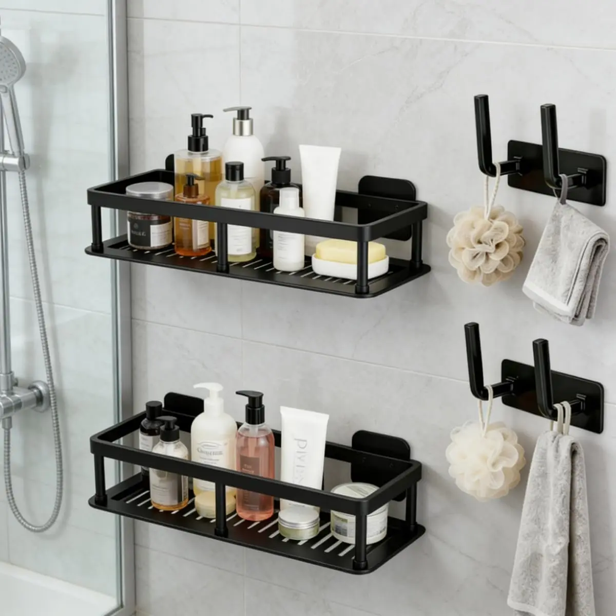 Shower Caddy Adhesive, Self-Adhesive Bathroom Shelves Basket, 2 Pack Large Capacity Shower Shelve with Hook Rack, No Drilling Bathroom Organizers and Storage for Home Decor (4, Black)