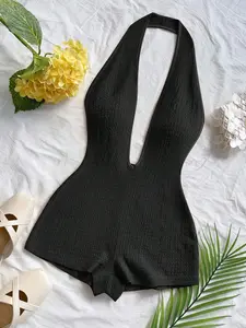 European Style Halter Deep V Backless One-Piece Shorts, Striped Bodycon Waistcoat, Beach Vacation, Streetwear, Date