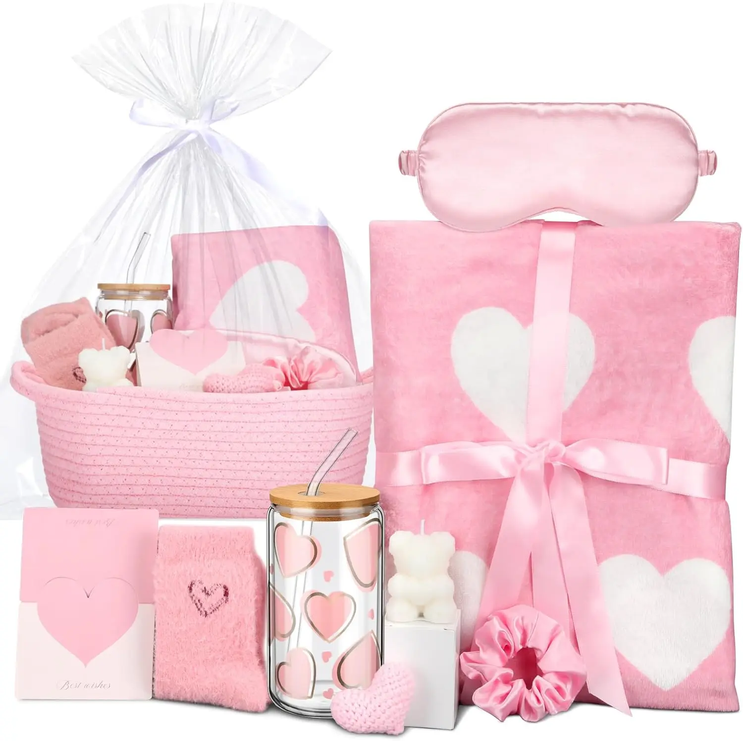 Halloween Fall Gift  Basket for Her 9-Piece Spa Relaxation Set Heart Blanket Candle Fuzzy Socks Glass Cup Hair Scrunchie Eye Mask Pink