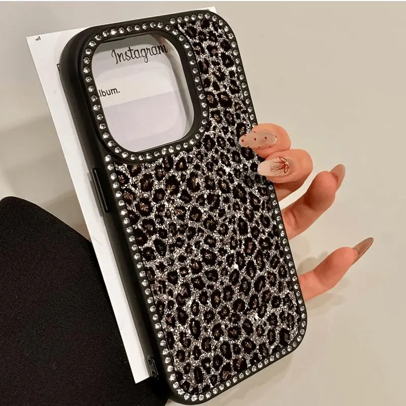 Leopard Print Double-Sided Diamond-Inlaid TPU Smartphone Case, Shockproof Protection Accessory Compatible with iPhone 11-17,