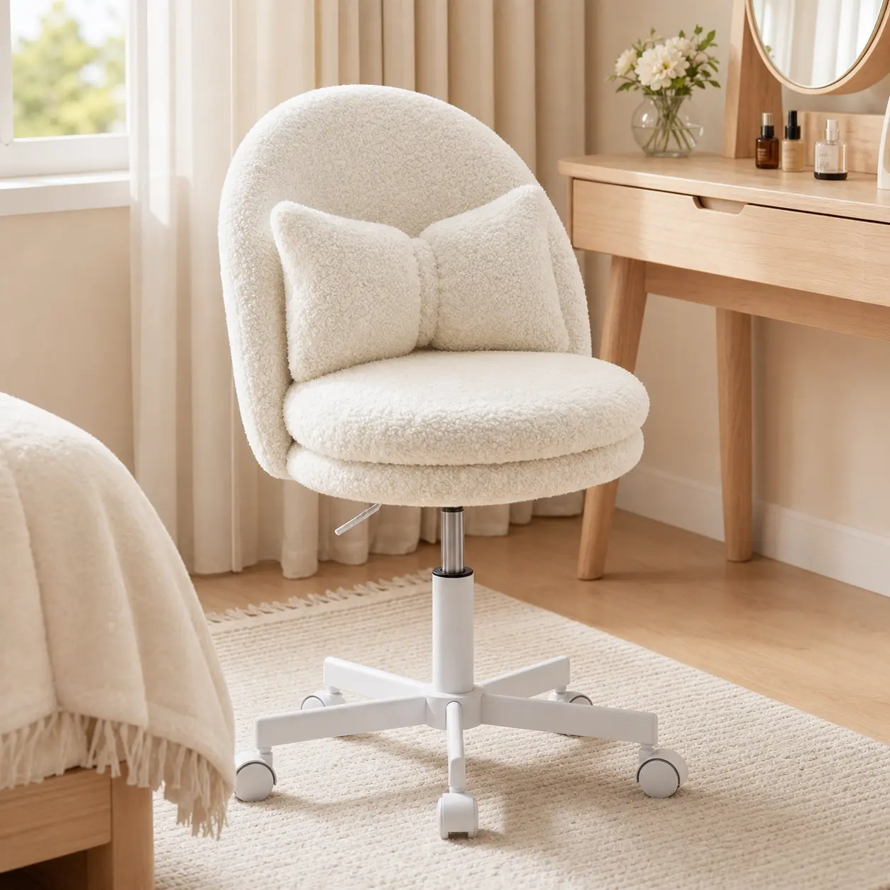 Teddy Velvet Armless Desk Chair with Wheels - Ergonomic Design, Upholstered Seat Cushion, Bow Lumbar Pillow - 17.7"-23.6" Height Adjustment - Compact Vanity/Bar Stool - Ideal Gift