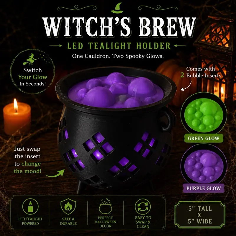 Witch's Brew Halloween Cauldron LED Tealight Holder - 5" Tall x 5" Wide, Glows with Spooky Charm, Perfect for Halloween Decor