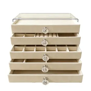 5 Drawer Acrylic Jewelry Organizer Box Clear Velvet Lined Storage Case with Removable Dividers Tangle Free for Earrings Necklaces Rings Bracelets Vanity Display Box for Women with Cleaning Cloth