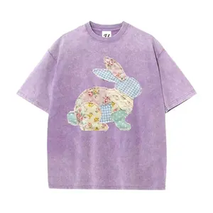 Unisex Patchwork Bunny Vintage Washed Short Sleeve T-Shirt-Floral Patchwork Bunny Tee