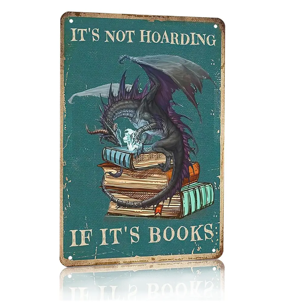 Vintage Retro Metal Dragon Tin Sign - "It's Not Hoarding If It's Books" Bookish Home Decor Accessories, 8x12 in Casual Room Plaque, Gift for Comic Books Enthusiasts