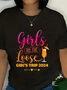 Women's Letter & Juice Print Round Neck Tee, Fashion Casual Crew Neck T-Shirt for Daily Holiday Vacation Outdoor Wear, Ladies Summer Clothes