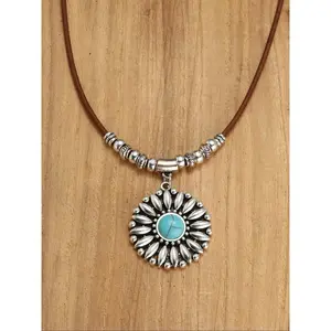 Boho Turquoise Texture Flower Pendant Necklace, Vintage All-match Unisex Jewelry, Trendy Daily Wear Neck Accessories for Women Men Party Birthday Gift