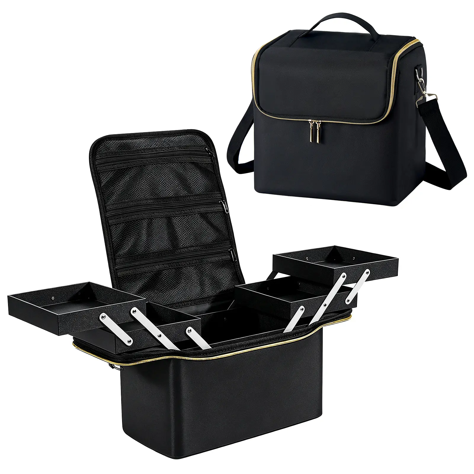 Joligrace Extra Large Makeup Case Professional Makeup Box 4 Trays Cosmetic Storage Handbag Travel Makeup Bag with Shoulder Strap and Luggage Sleeve