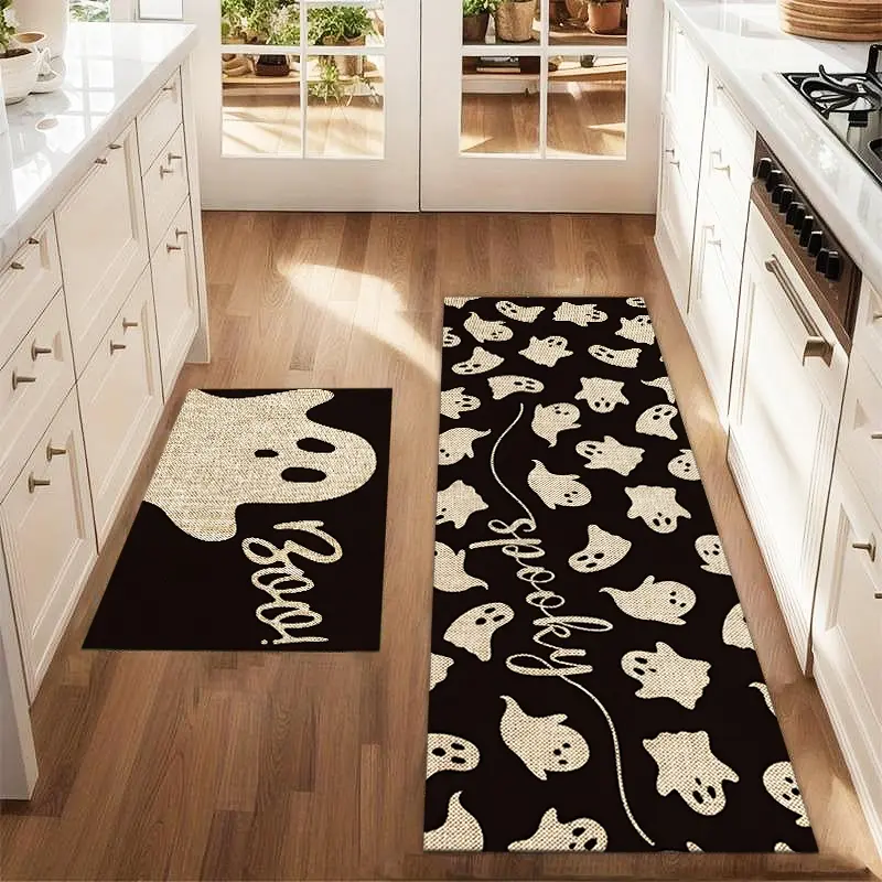 2Pcs Halloween Cute Ghost Boo! Floor Mat Set Farmhouse Kitchen Rug Dining Room Flooring Laundry Room Decor Carpet Mat, Kitchen Area Rug, Kitchen Floor Mats, Kitchen Floor Rugs