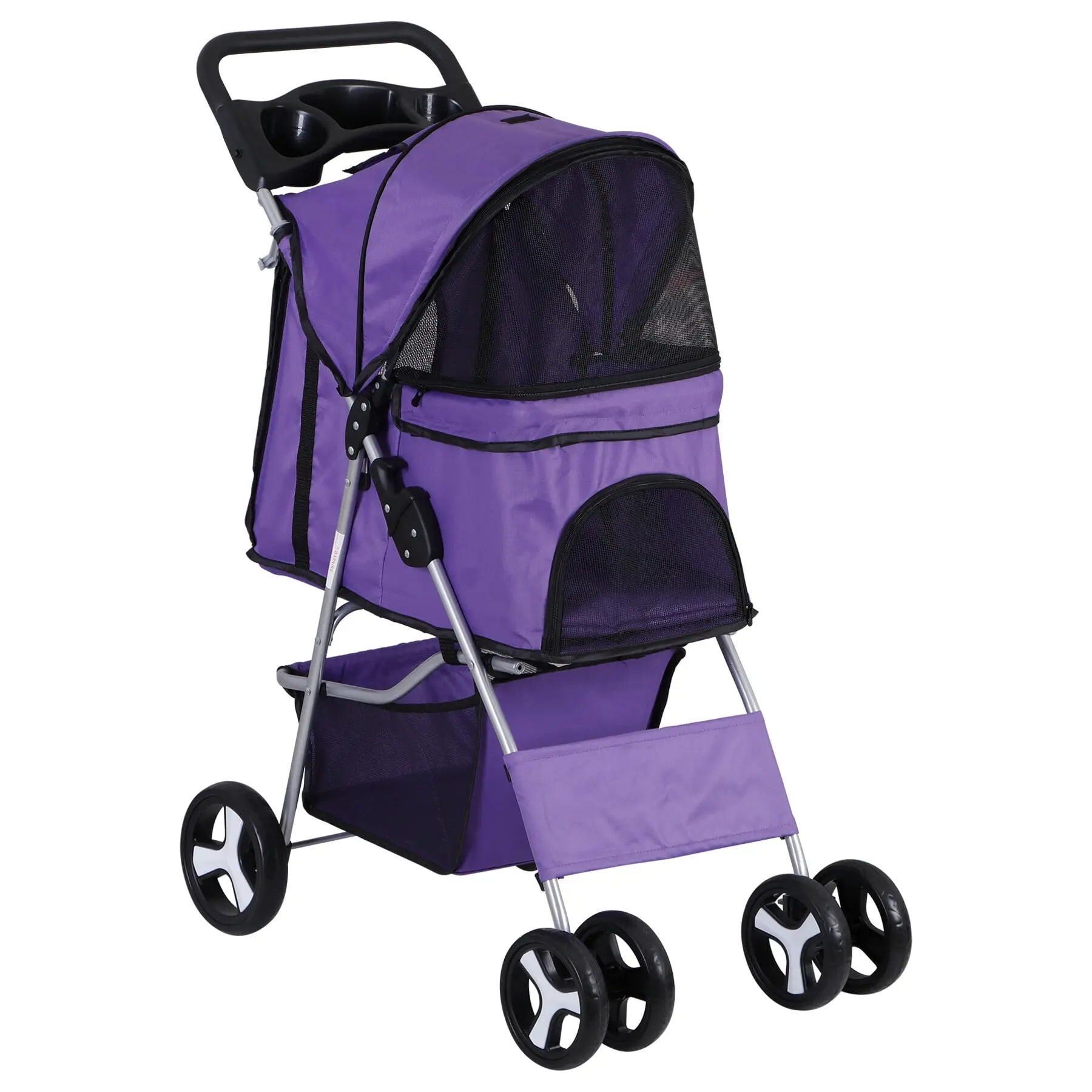 SuperDeal Pets 4-Wheel Foldable Puppy Stroller - Portable Purple Dog & Cat Carrier Cart with Storage Basket, Tray, Enhanced Stability