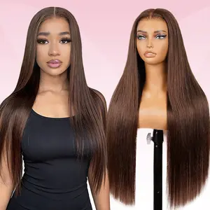 VSIGN Chocolate Brown #4 13*6 Drawstring HD Lace Front Wig Synthetic Heat Resistant Fiber Hand Tied Pre Plucked Hairline Glueless Wig