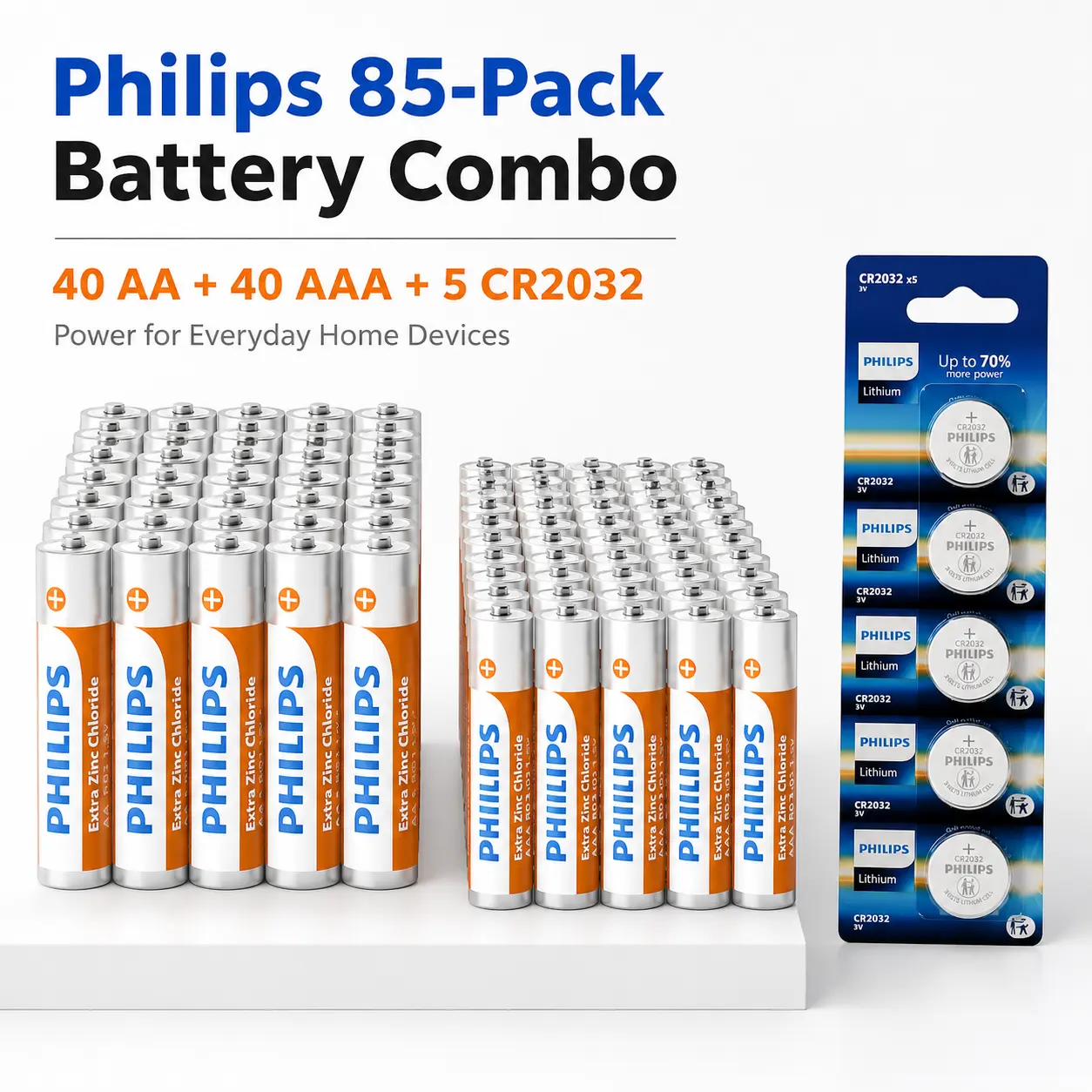 Philips 85 Pack Battery Combo Set, 40 AA + 40 AAA Carbon Zinc Batteries with 5 CR2032 Lithium Coin Batteries, Household Battery Variety Pack for Remotes, Toys, Clocks, AirTag and Key Fobs