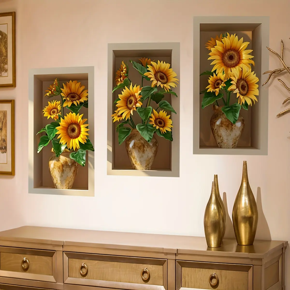 A set of 3 pieces (30*50cm*3pcs) Sunflower Vase 3D Effect Floral Pattern Wall Decoration Sticker Triptych Decorative Home Decor Wall Sticker ATW3055-YL Sunflower Stickers Flower Wall Decals, Flower Decals For Walls