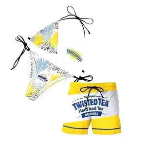 Matching Couples Swimwear Set – Twisted Tea Yellow Tropical Bikini & Board Shorts, Perfect Gift for Him