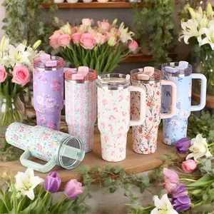 40OZ flower car cup, 304 stainless steel | colorful flower pattern | plastic handle | removable straw | Qixi Festival homecoming gift | car girlfriend must-have | TK explosion