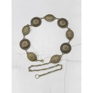 Round Shaped Embossed Decorated Chain Belts for Women, Trendy Statement Belts, Trendy Exquisite Belt, 2025 Fall Boho Style Fashion All-match Female Accessories, Brass Color Back To School Accessories