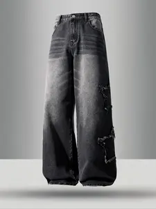 Men's Vintage Loose-Fit Straight Leg Jeans, American Street Style Stylish Casual Denim Jeans, Zipper Fly, Plaid Pattern, All Seasons, Streetwear, Pants
