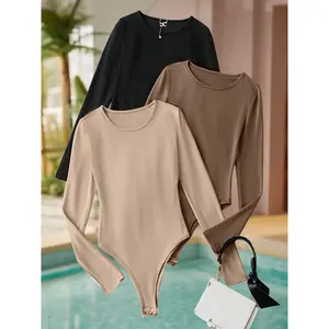 Solid round neck one-piece bodysuits 3-piece casual long sleeve one-piece bodysuits, WOMEN'S clothing
