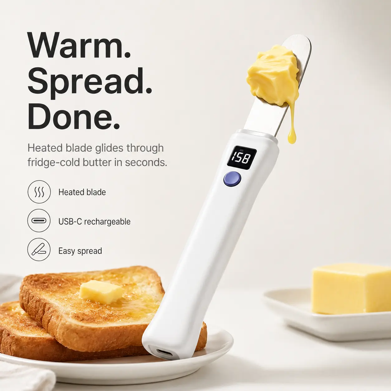 Smart Heated Butter Knife - USB-C Rechargeable Fast Heating Butter Spreader with Digital Temperature Display & Travel Sleeve, Perfect for Hard Cold Butter, Toast & Breakfast