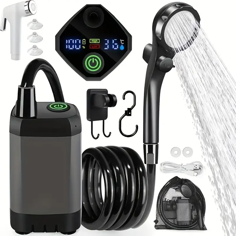 Portable Compact Camping Shower Set - 6000mAh Rechargeable Battery, Smart LED Display Screen, 4 Modes, 180-Minute Runtime, User-Friendly - for Hiking, Fur & Skin Care
