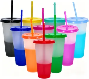 Color Changing Cups 10Pcs 24oz Plastic Tumblers With Lids and Straws for Iced Coffee Smoothie - Reusable Leak Proof Party Cups for