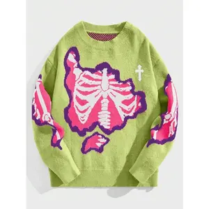 Street Life Men's Crew Neck Long Sleeve Skeleton Pattern Casual Pullover Sweater, Halloween, For Fall Winter