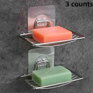 Stainless Steel Soap Dish Holder, Soap Rack, Soap Tray, 3 Counts Self-adhesive Wall Mounted Soap Sponge Drain Holder, Bathroom Essentials Accessories, Bathroom Accessory, Bathroom Organization for Home Supplies Kitchen Hotel Dormitory
