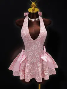 Summer New Sakura Embossed Halter Dress, Side Large Bowknot Decoration, A-Line Short Skirt, Wedding Bridesmaid/valentine's Day Date Princess Dress