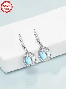 Elegant Fashion 925 Sterling Silver Tree of Life Moonstone Dangle Earrings for Women, Daily Wear Jewelry Gift
