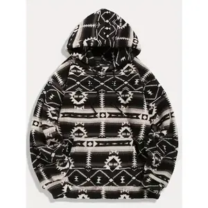 Ethnic Style Geometric Pattern, Men's Loose Polar Fleece Hoodie For Winter & Fall, Hooded Sweatshirt With Drawstring And Kangaroo Pocket