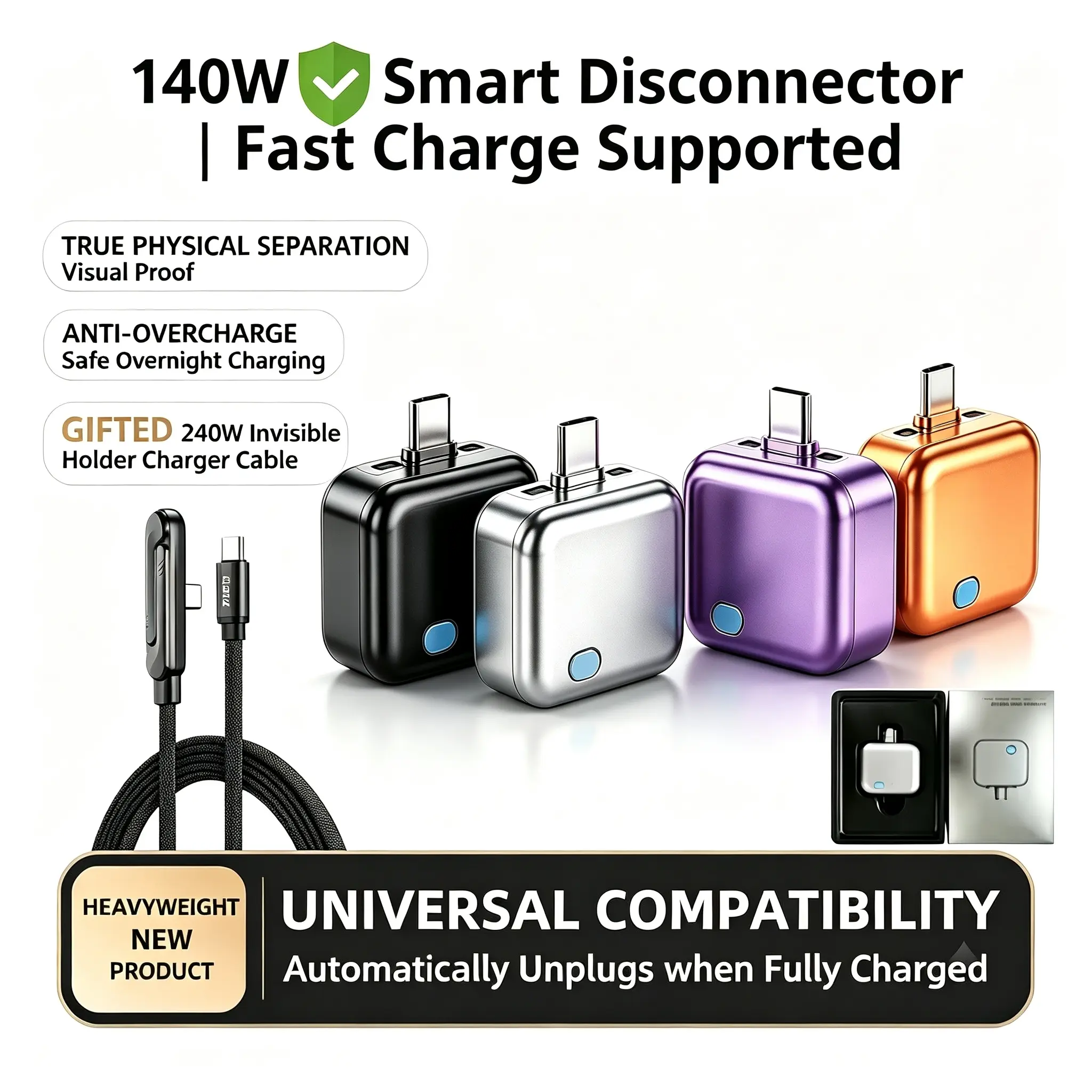 140W Type-C Physical-Disconnect Battery Guard - Auto & Self-Eject Charger, Smart Auto-Stop Accessory for Cellphone, Laptop, Tablet, Anti-Overcharge Tech for Safe Overnight Use, Chargeable Device Gift Electronic