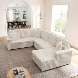 Niccae U-Shaped Corduroy Sectional Couch - Upholstered Sofas with Chaise Lounge, 6-Seat Pull-Out Guest Bed, Foam Cushions & Storage, Modern Minimalist Furniture for Living Room Apartment
