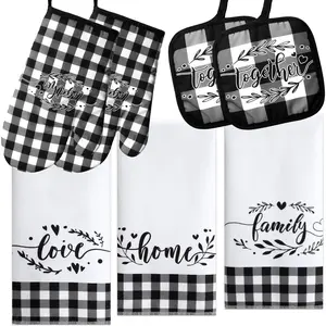 7 Pcs Black and White Kitchen Towels Checkered Buffalo Kitchen Oven Mitts and Pot Holders Checkered Potholders Set Dish Towel Non Slip Farmhouse Plaid Decoration for Cooking Baking BBQ(Vintage)
