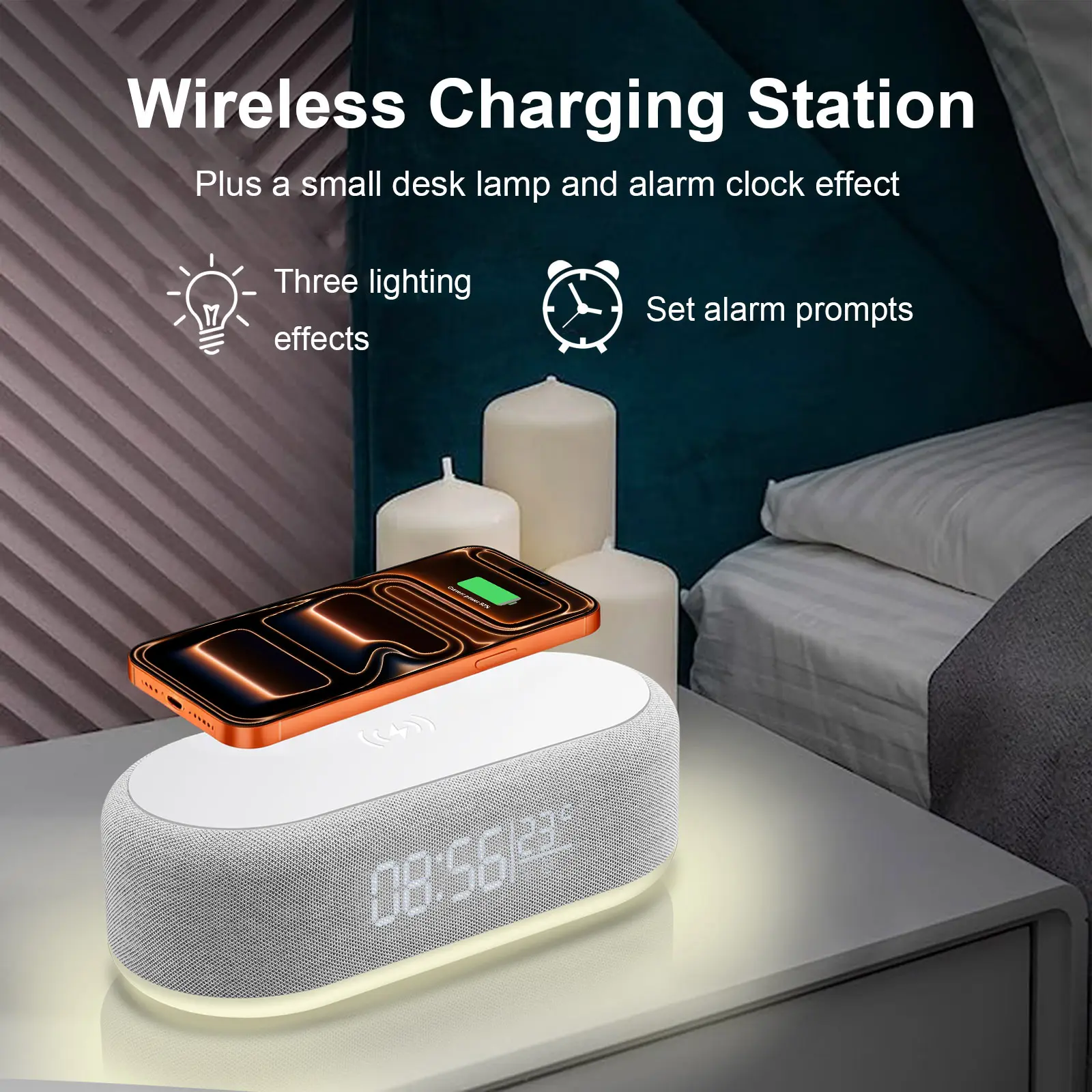 Multifunctional Mobile Wireless Charger with Digital Screen - LED Lights Nightlight, 3 Adjustable Light Modes, Digital Alarm Clock, Temperature Display, Fast Charging for iPhone & Samsung Bedroom Nightstand, Wireless Chargers