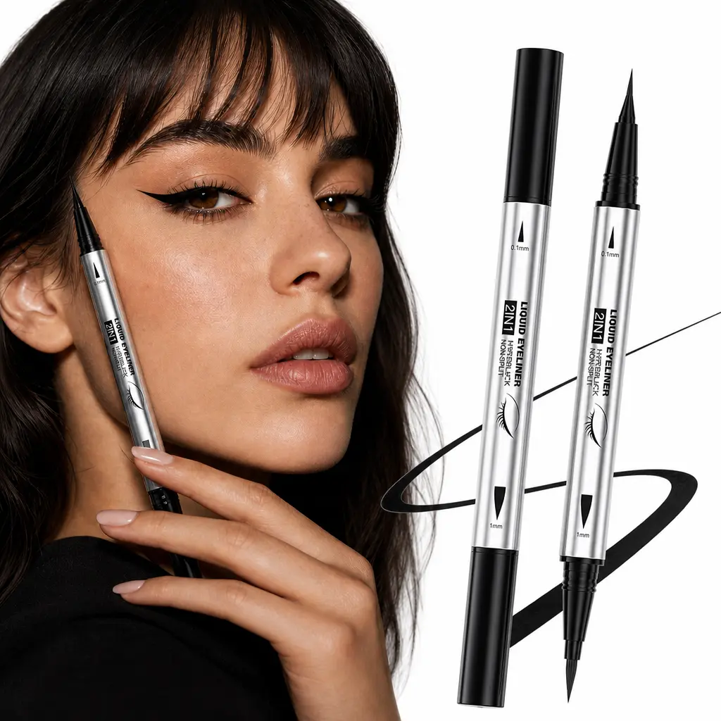 Dual-Ended Liquid Eyeliner Set Pack - 24HR Waterproof, Lightweight, Long-Wear, Precision Tips (Fine/Thick), High Pigment, Glossy, Stain-Resistant, Smudge-Proof Formula wing stamp
